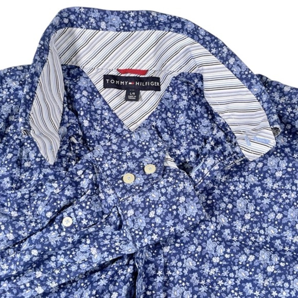 Tommy Hilfiger L Blue Floral‎ Button Down Shirt Long Sleeve Preppy Cottagecore